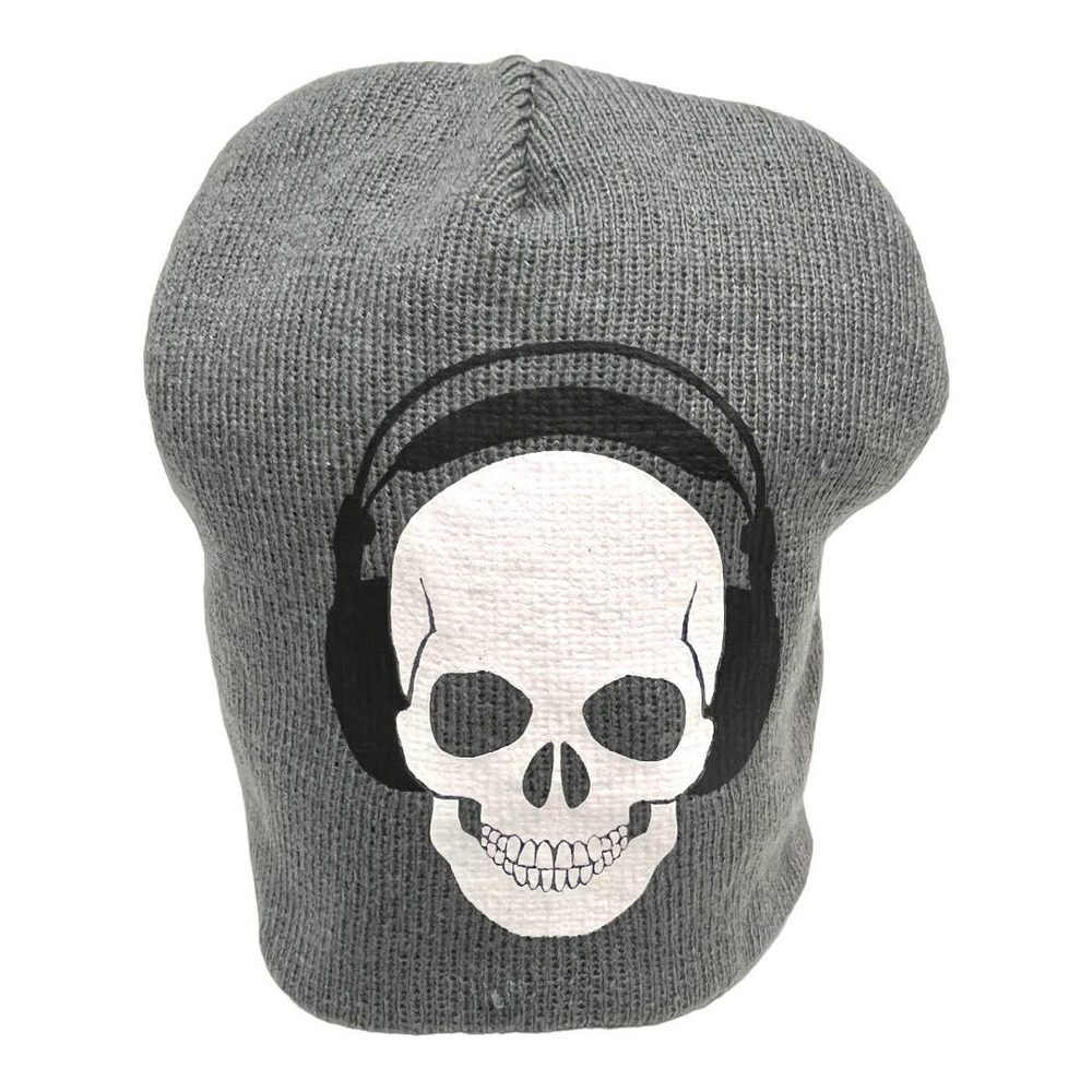 Rock Star Knit Ski Snow Beanie with "Skull Headphones", Gray